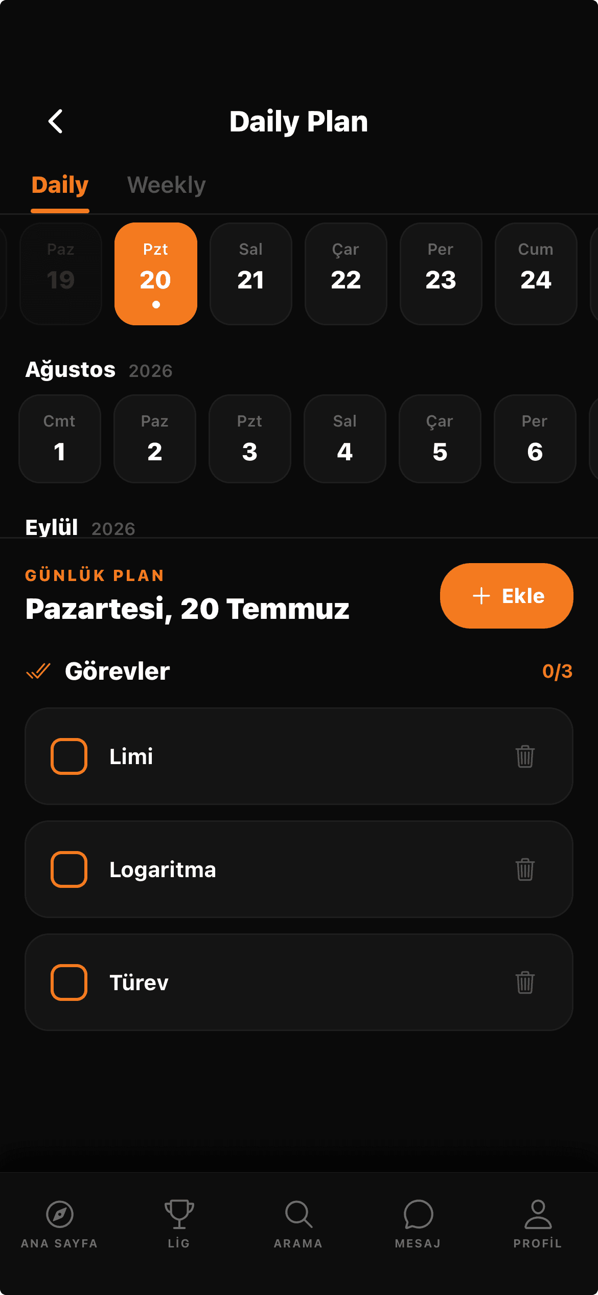 Mindo uygulamasında günlük plan ekranı
