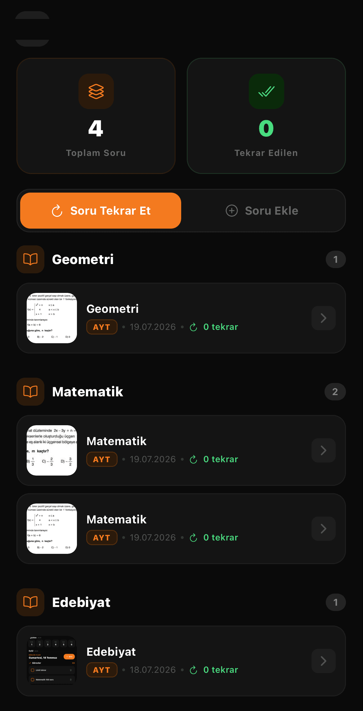 Mindo uygulamasında soru tekrarı ekranı
